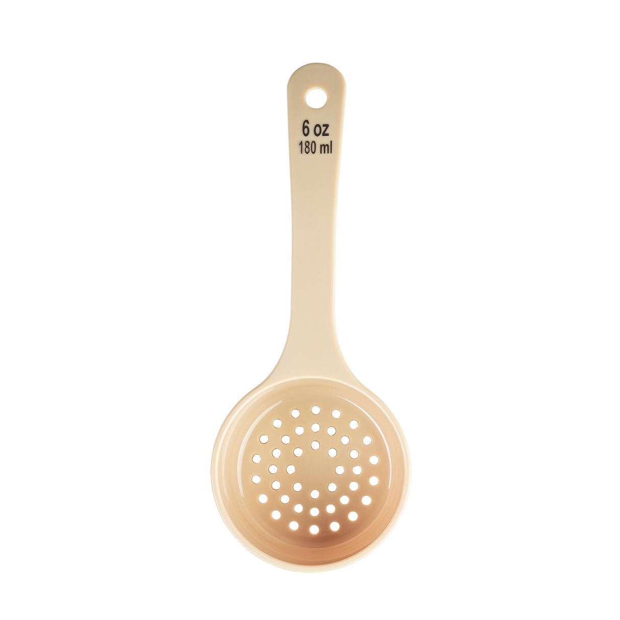 A beige polycarbonate slotted Spoonout with a round, perforated bowl and a flat handle. The handle is labeled 6 oz 180 ml in black text, indicating its capacity. The NSF-certified spoon is displayed on a white background, viewed from above.