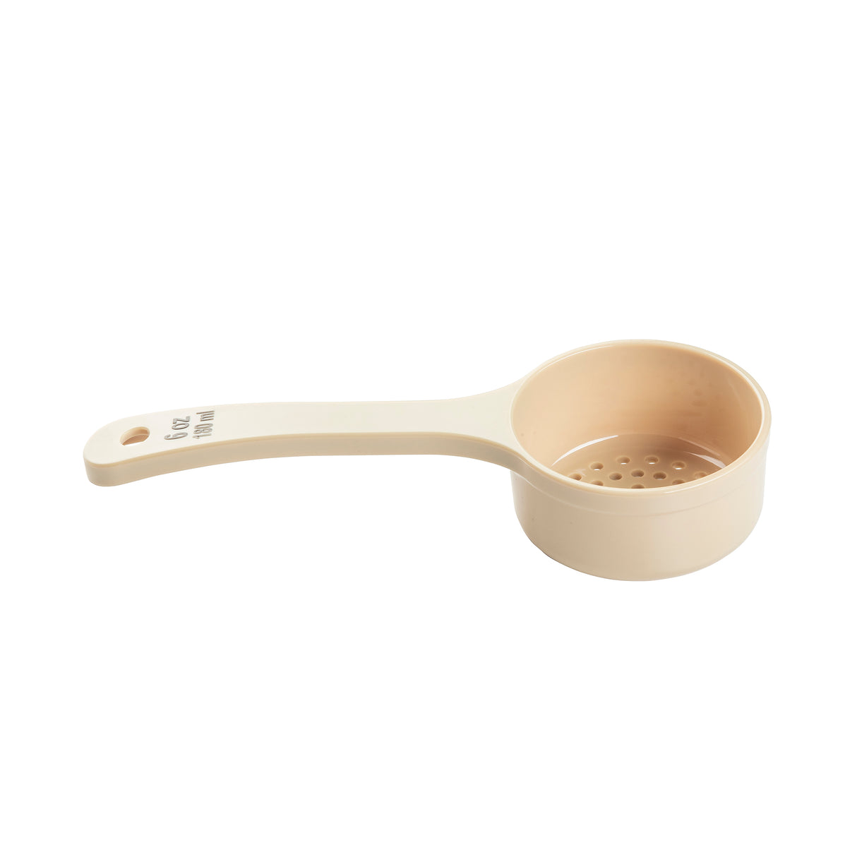 A beige polycarbonate perforated Spoonout measuring scoop with a handle, labeled 2/3 cup in black text. NSF certified, it features small holes in the bottom for straining and a round hole at the handle's end for hanging. Plain white background.