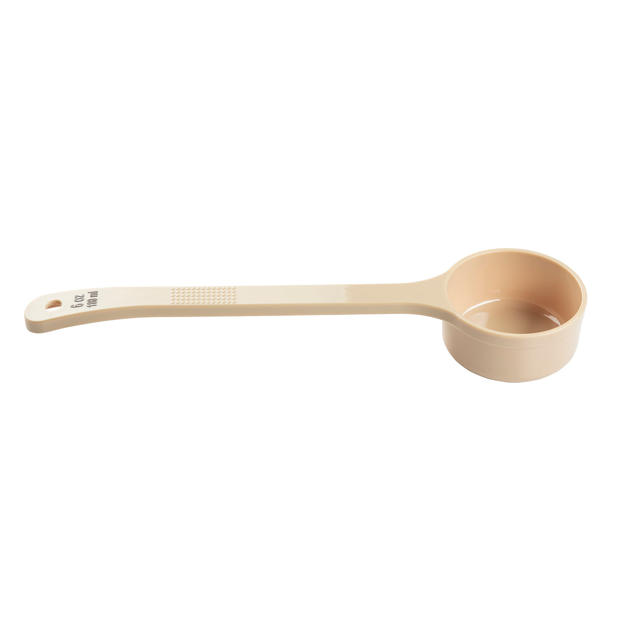 A beige polycarbonate measuring scoop with a long handle. The round, deep Spoonout scoop features measurement markings printed on the handle, a small hole for hanging, and a smooth surface, oriented horizontally against a white background.