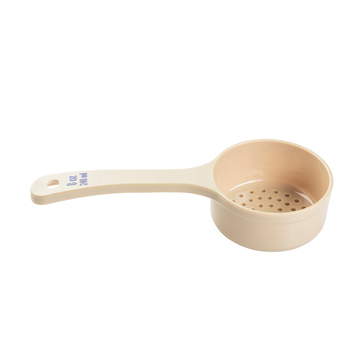 A cream-colored polycarbonate measuring cup with a long handle. The cup’s perforated bottom acts as a strainer or sifter. The handle features blue text reading 8 oz and 200 ml. Its surface is smooth and glossy.