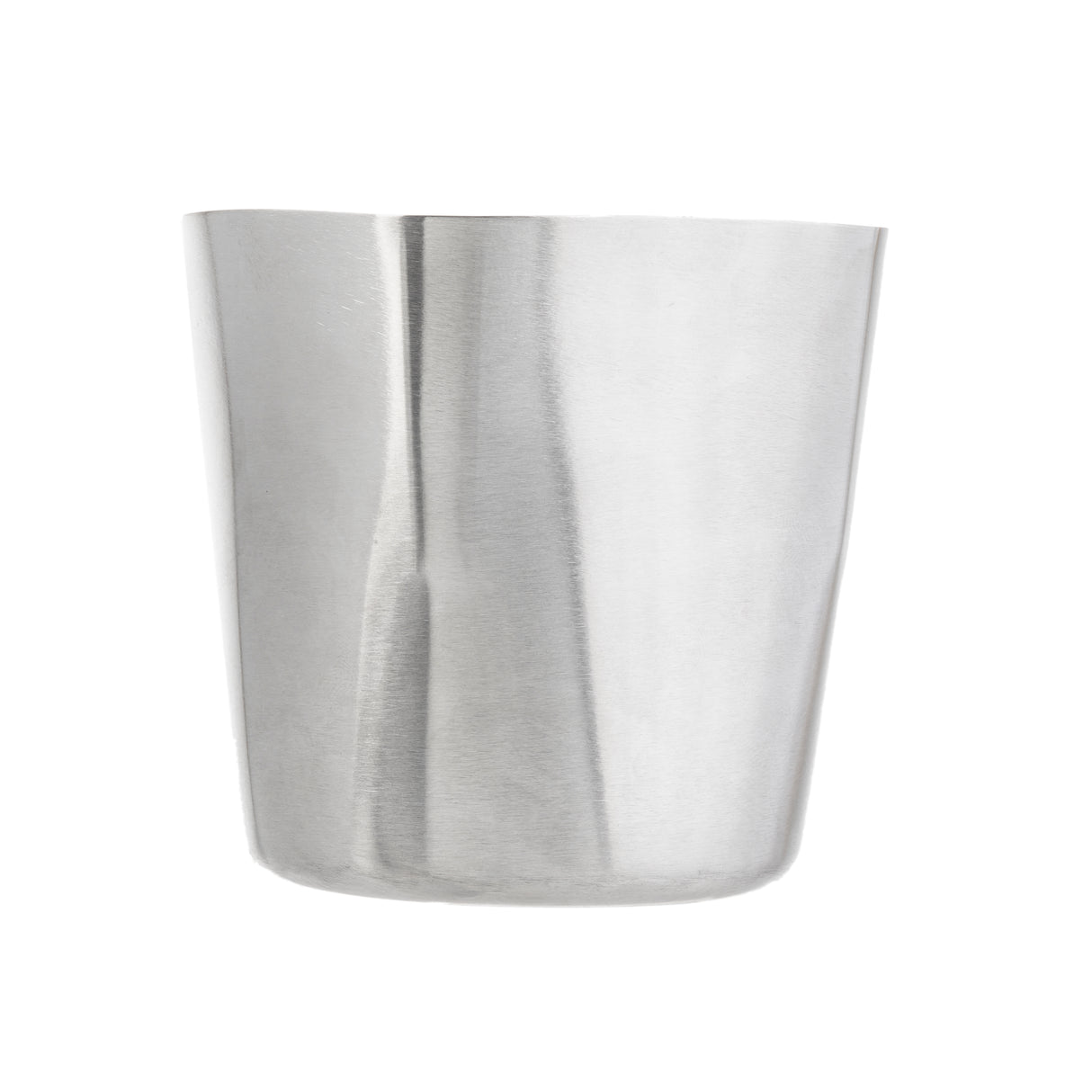 A plain, shiny stainless steel Fry Cup from TableCraft Products sits centered on a white background. Its smooth surface, gentle curves, and modern design add a subtle reflective sheen—perfect for contemporary table settings.