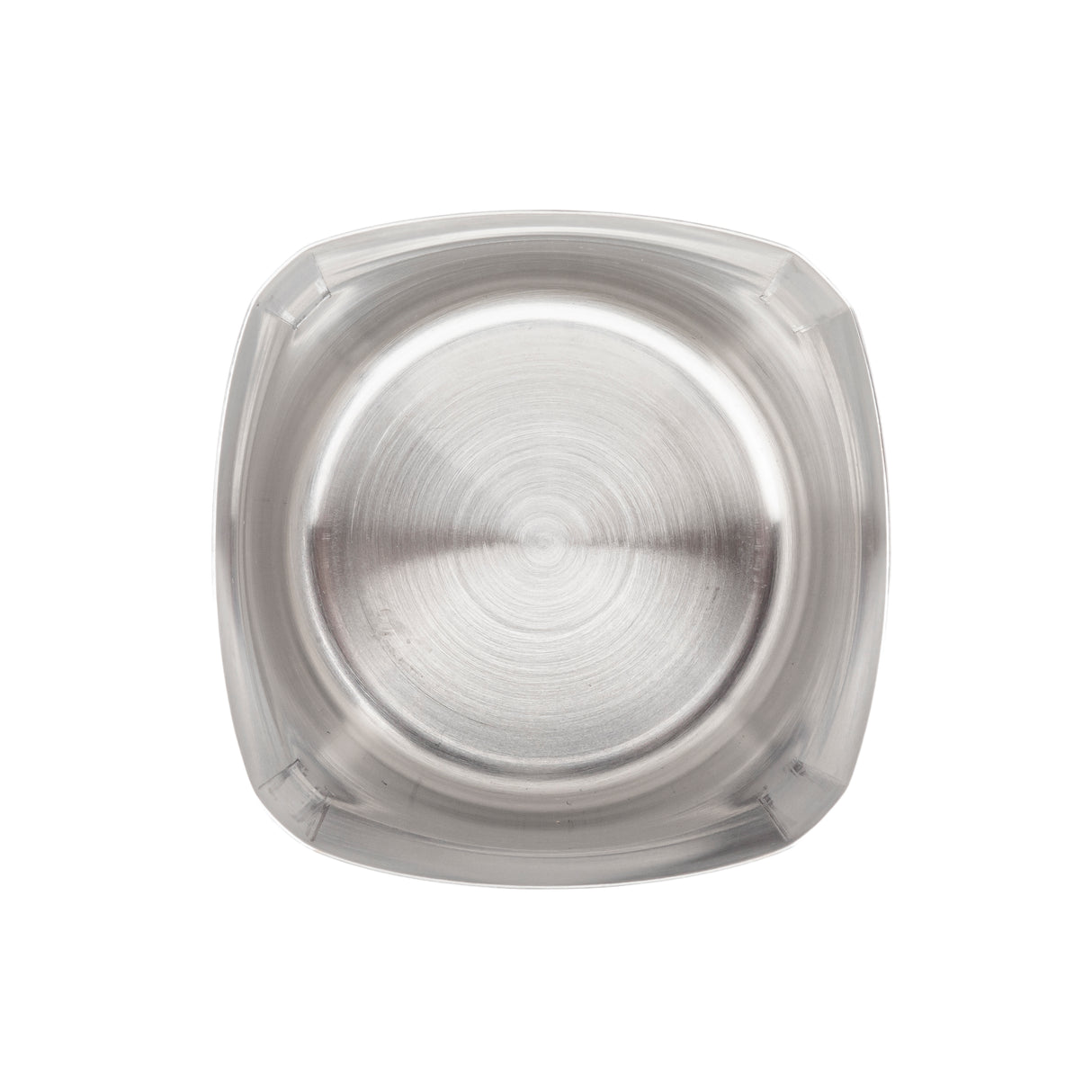 A top-down view of a round, stainless steel ashtray with a brushed finish by TableCraft Products. The ashtray has a raised edge and four evenly spaced grooves for holding cigarettes. The background is plain white.