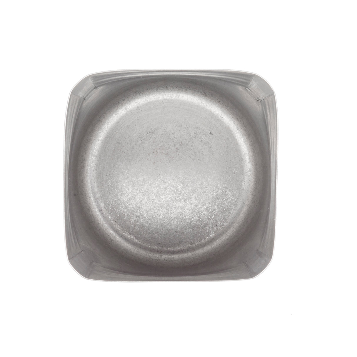 A square, stainless steel fry cup with rounded edges and a smooth, stonewashed finish is seen from above against a plain white background. The dish features a slightly raised rim and a circular depression in the center.