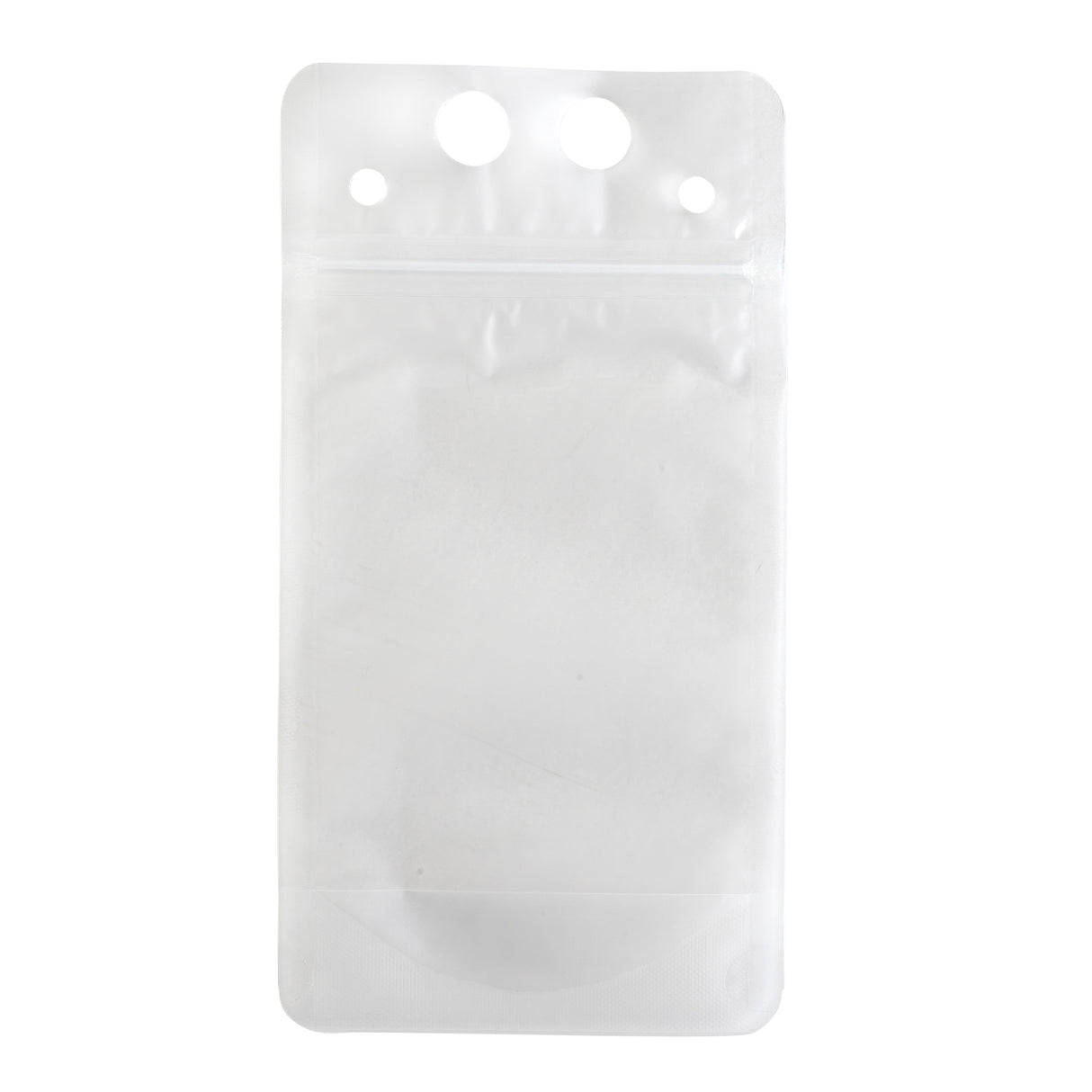 A clear, resealable polyethylene To-Go Beverage Pouch with a ziplock closure. The rectangular pouch features two small round holes and one larger hole at the top for hanging, and holds up to 10 oz. It is empty and fully transparent.