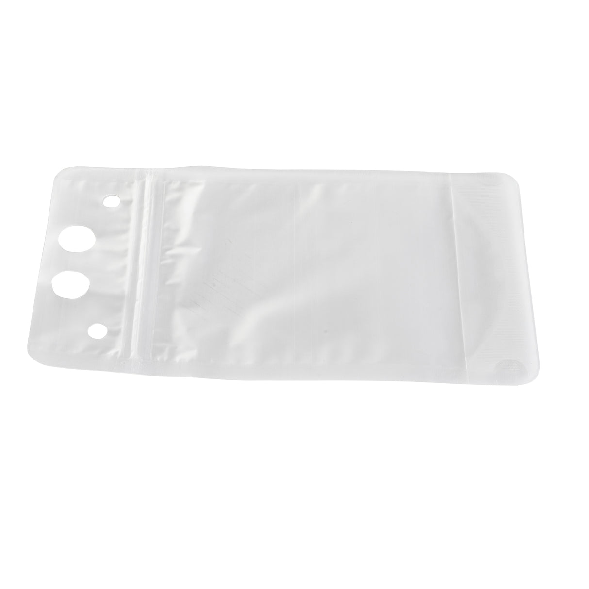 A clear, resealable polyethylene pouch with three round holes at the top, lying flat on a white background. This rectangular 10 oz. To-Go Beverage Pouch features a zip-lock closure, ideal for protecting or carrying small items.