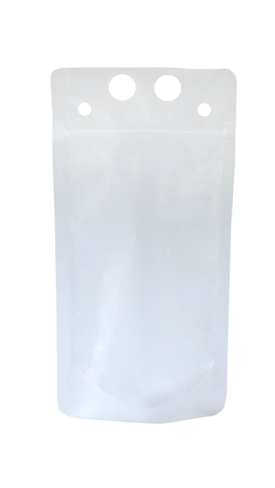 A plain, empty, white polyethylene To-Go Beverage Pouch with a resealable zipper and three circular holes at the top for hanging. The 16 oz. pouch stands upright against a white background, with no labels, logos, or visible contents.
