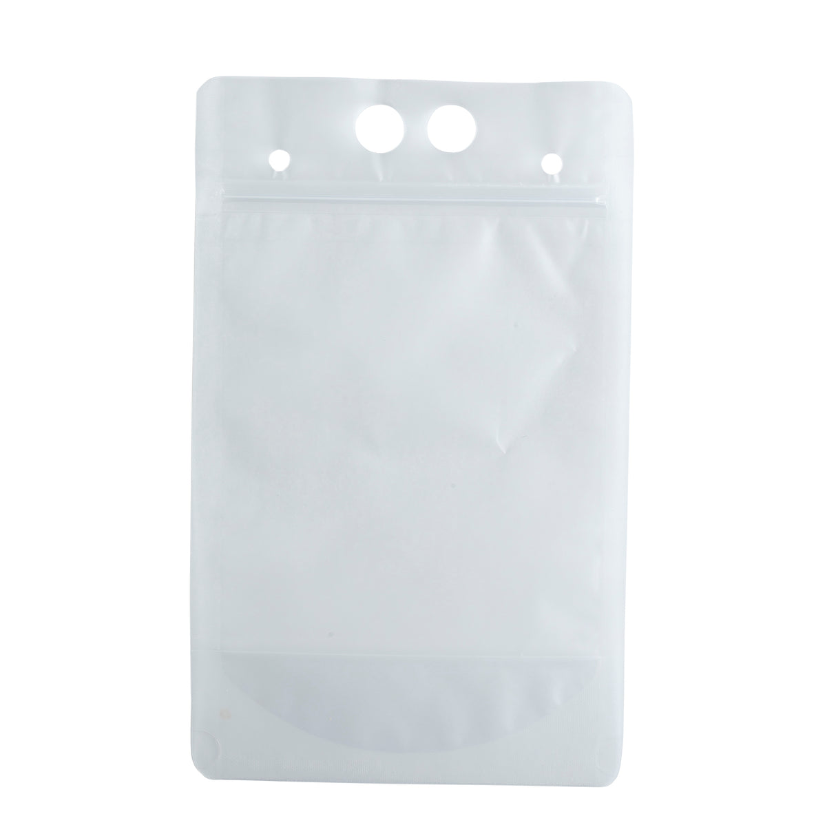 A plain, white, 32 oz polyethylene To-Go Beverage Pouch with a zipper seal, two small holes, and one larger hole at the top for hanging. The pouch is empty with a semi-transparent section near the bottom. The background is completely white.