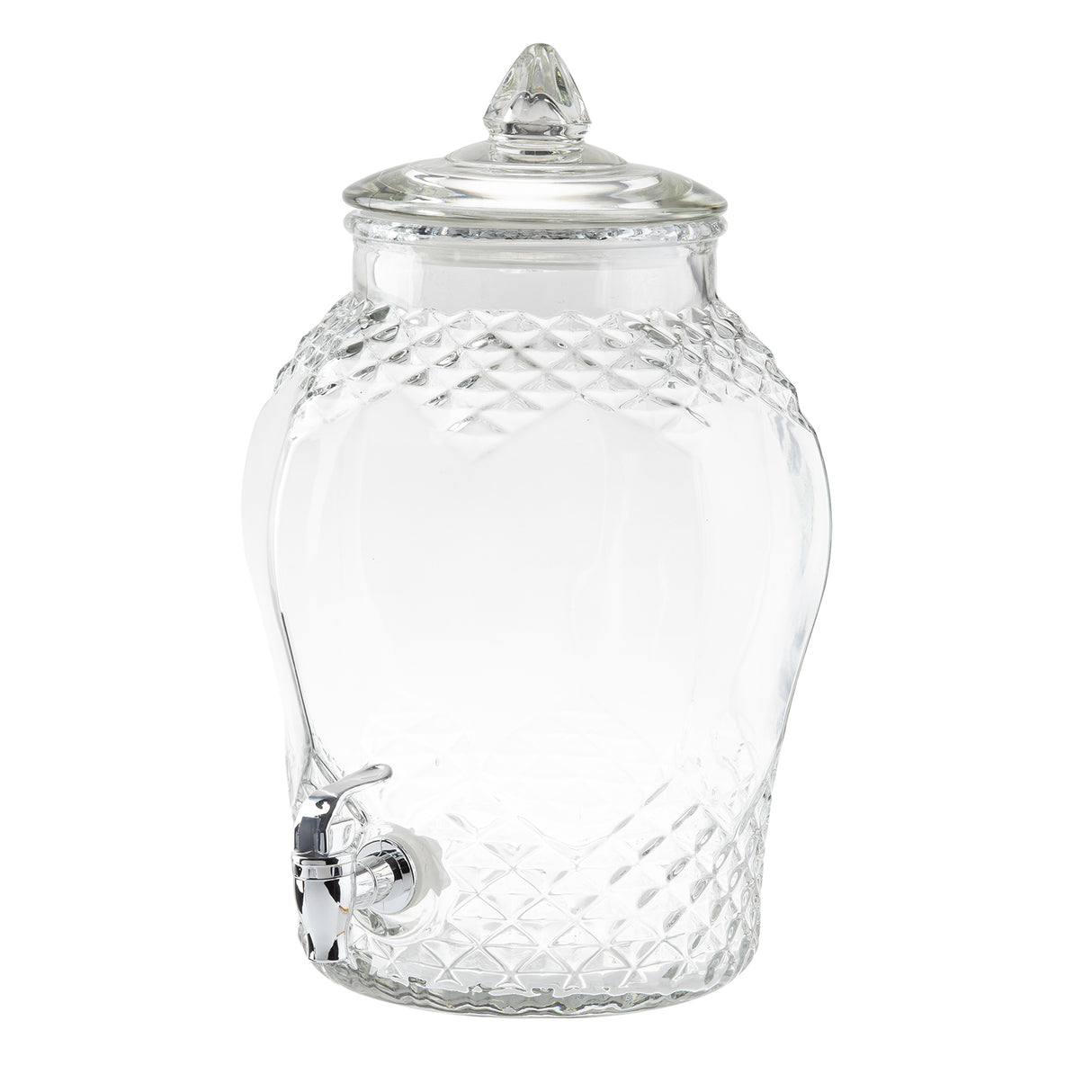 A decorative glass beverage dispenser with a diamond-patterned texture, pointed lid, and silver spigot at the bottom. This 2 gallon container is empty and stands upright against a plain white background.