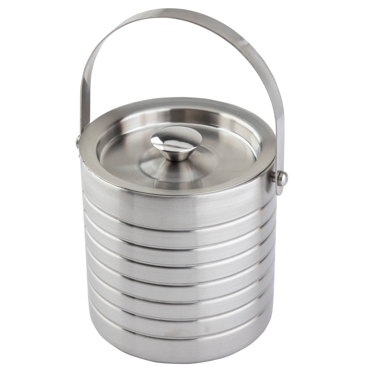 A cylindrical TableCraft ice bucket crafted from stainless steel features a horizontal striped pattern, a matching lid with a round handle, and an attached curved handle. Its brushed finish lends a sleek, modern appearance.