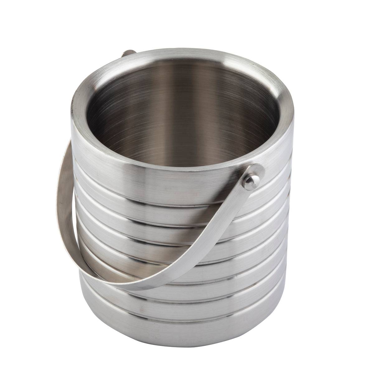 The TableCraft stainless steel ice bucket features horizontal grooves and a pivoting handle, with a brushed metal finish for a modern, sleek appearance. The cylindrical bucket is empty, making it ready for entertaining.
