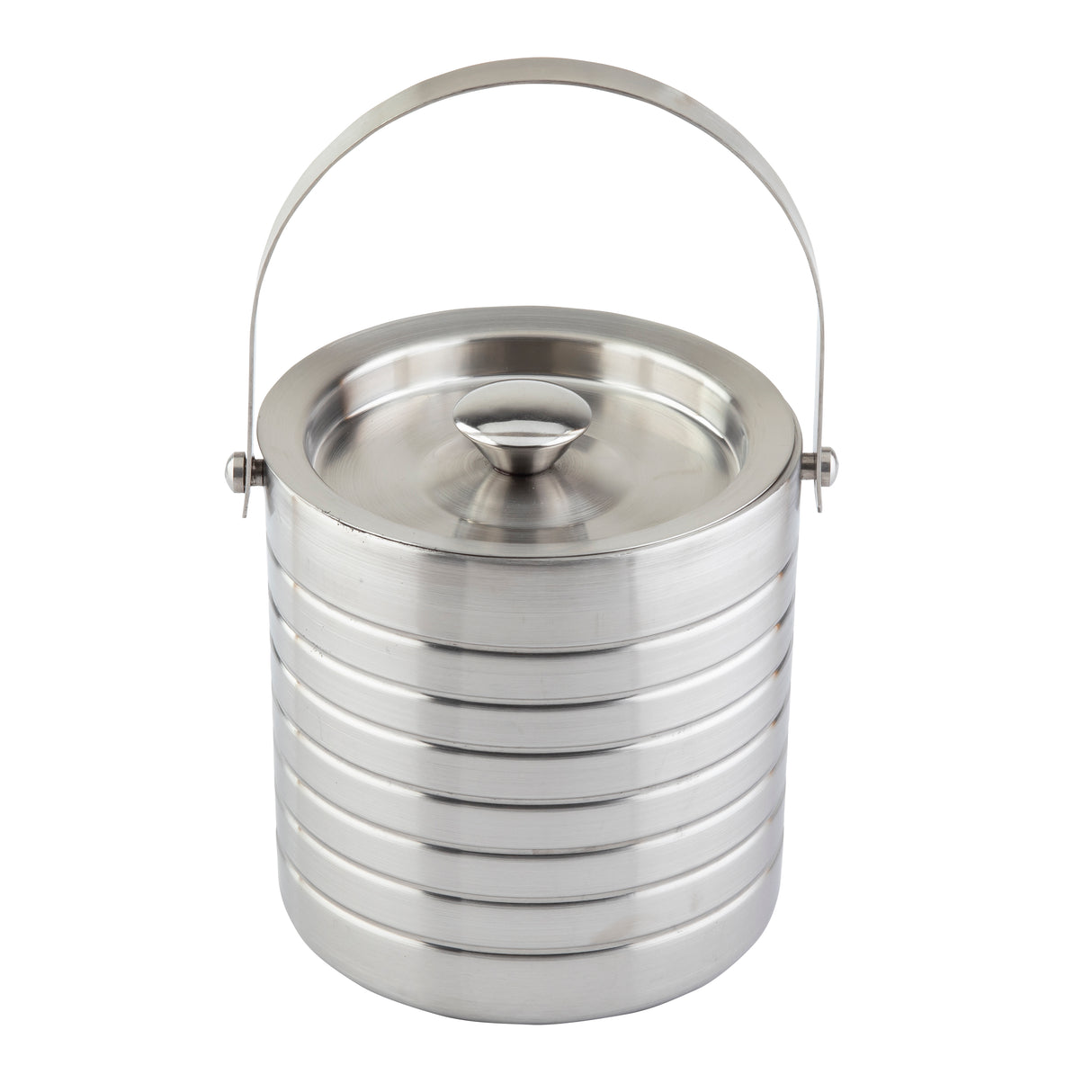 A shiny, cylindrical stainless steel ice bucket with a double wall for insulation, featuring a ribbed, horizontal stripe design, a matching metal lid with a knob handle, and an arched carrying handle attached near the rim.