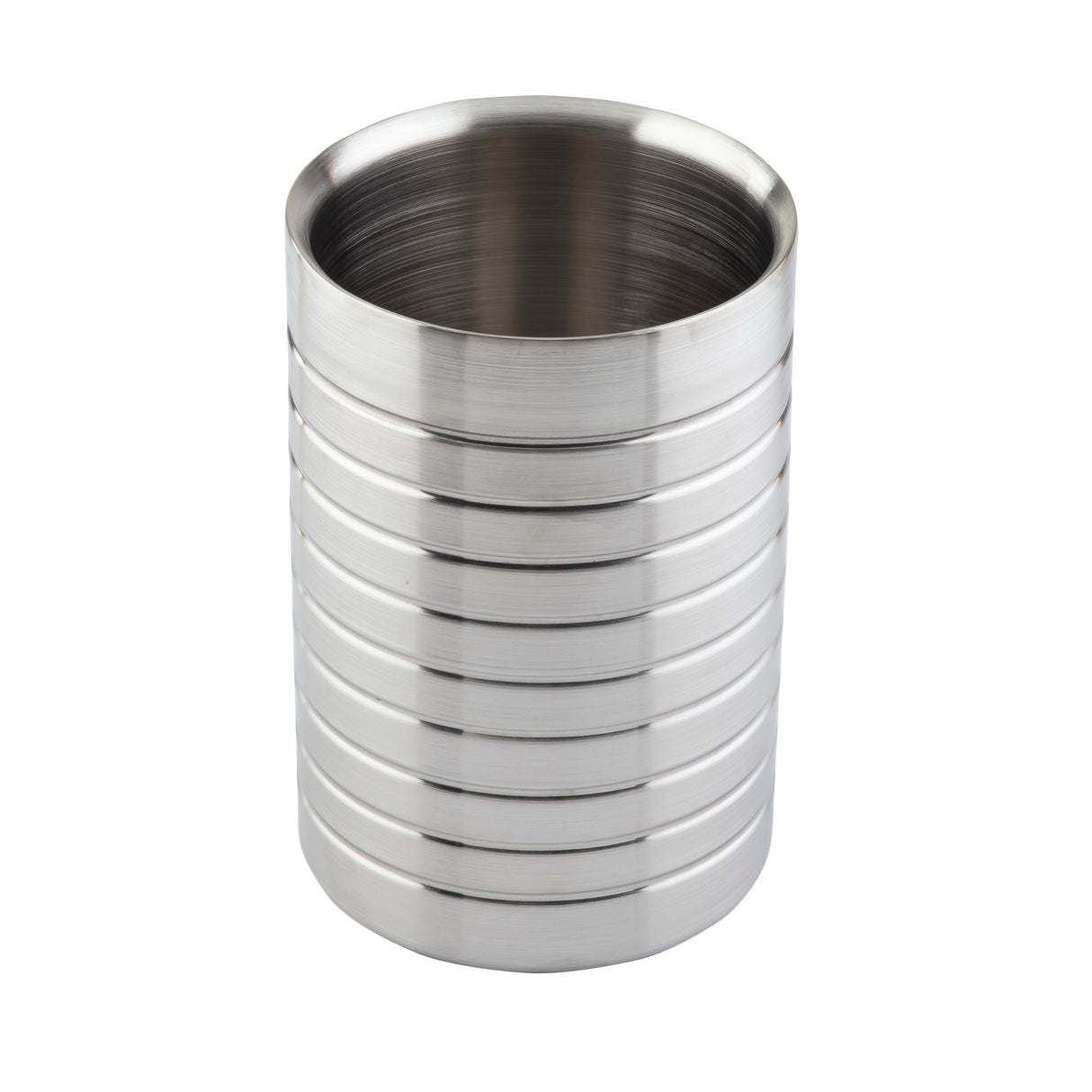 A cylindrical, silver-colored stainless steel container with horizontal grooves around its sides, giving it a ribbed appearance. Open at the top with a smooth, reflective surface, this double wall wine cooler is photographed against a white background.