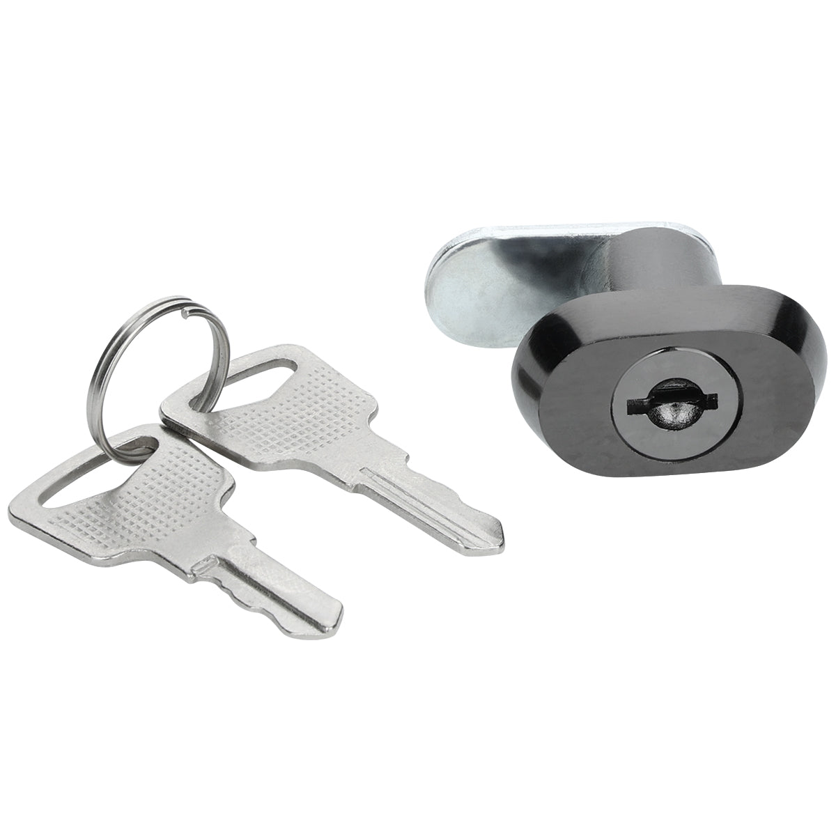 A pair of silver keys on a keyring lies next to a small, oval-shaped Empura Parts door lock & key with a horizontal keyhole, commonly used for cabinets or drawers, against a white background.