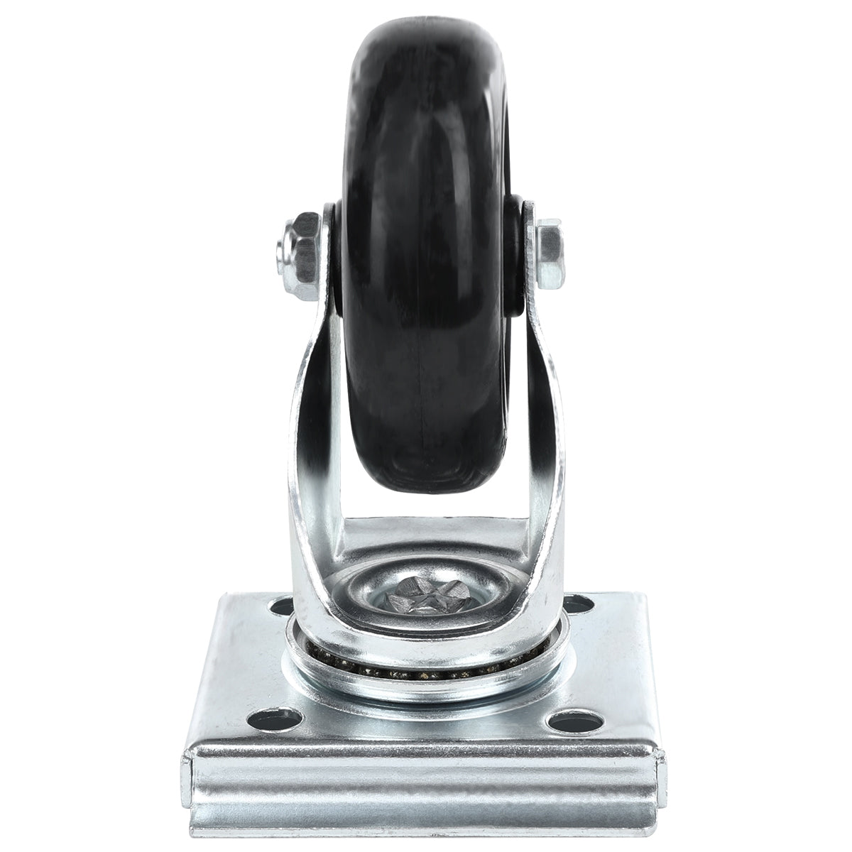 A close-up, front view of an Empura Parts caster without brake attached to a metal mounting plate with four holes for screws; the sturdy bracket supports the centered wheel, upright against a plain white background.