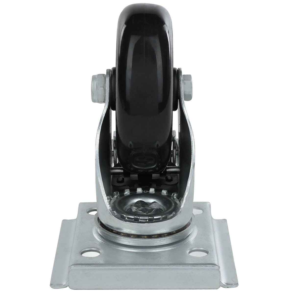 A metal swivel caster with a glossy black wheel is shown from the front. The base plate, from Empura Parts, features four mounting holes and a central bearing. The silver arms hold the wheel securely—this is a caster with brake for Empura Refrigeration units.