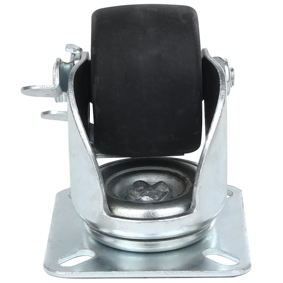 A single Empura Parts swivel caster with brake features a black rubber wheel mounted in a silver metal bracket and base. The base has four holes for mounting screws, and a locking mechanism is visible on the side of the bracket.