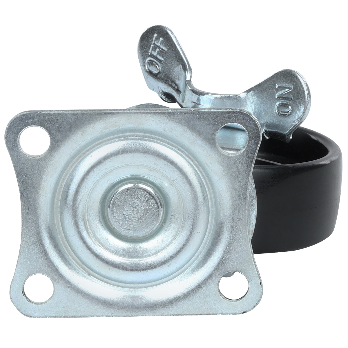 A close-up of a metal caster with brake, featuring a black rubber wheel. The lever on top is labeled ON and OFF for locking. This Empura Parts bracket has four mounting holes, with the wheel partially visible behind it.