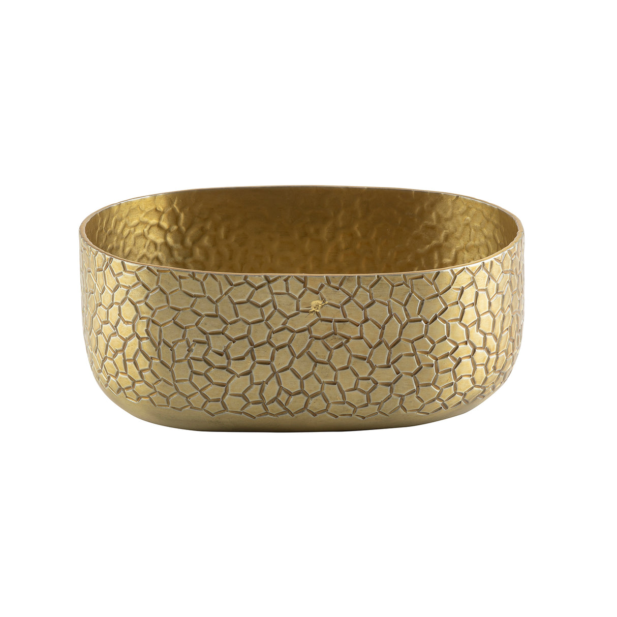 A gold, oval-shaped aluminum bowl with a hammered, pebble-like texture. The TableCraft bowl features smooth edges and a slightly reflective gold powder coat finish, giving it a decorative and elegant appearance.