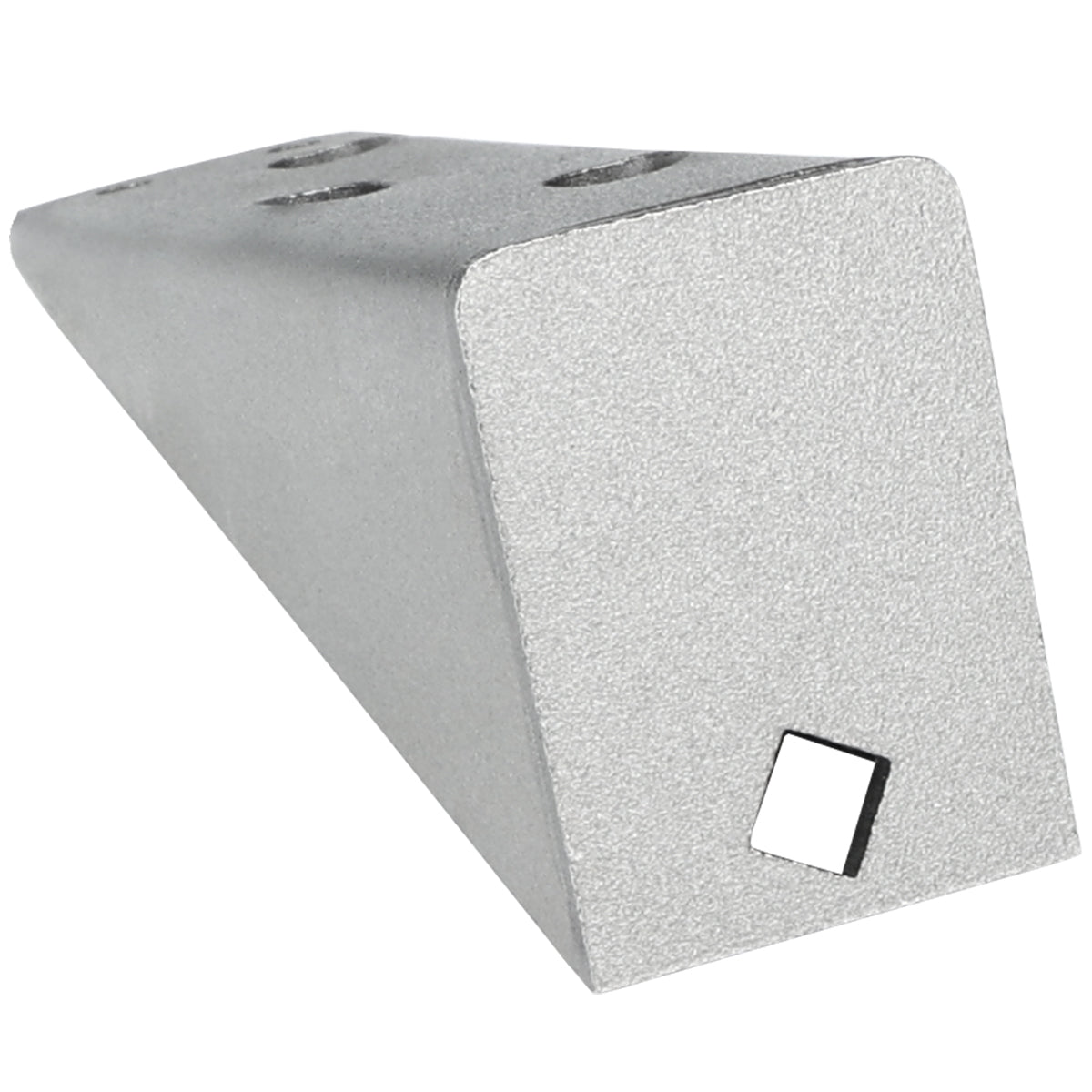 A metallic, wedge-shaped door stopper with a matte finish is shown. The front face has a square hole, and the angled top surface features three circular holes in a row, resembling an Empura Parts door hinge bracket. Photographed on a white background.