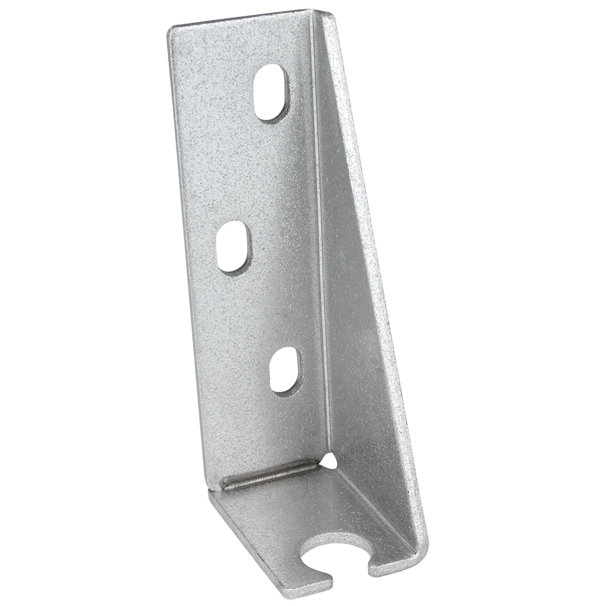 A silver metal L-bracket, often used as a door hinge bracket for Empura Refrigeration, features three oval holes on the vertical side and a U-shaped notch on the bottom horizontal side. The bracket has a slightly textured finish.