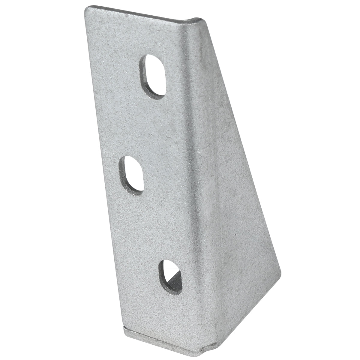 A metal angle bracket with a triangular shape, featuring three oval holes for mounting. The smooth, metallic E-KB54FG is designed to reinforce or connect parts at a right angle, making it ideal for Empura Refrigeration and door hinge bracket needs.