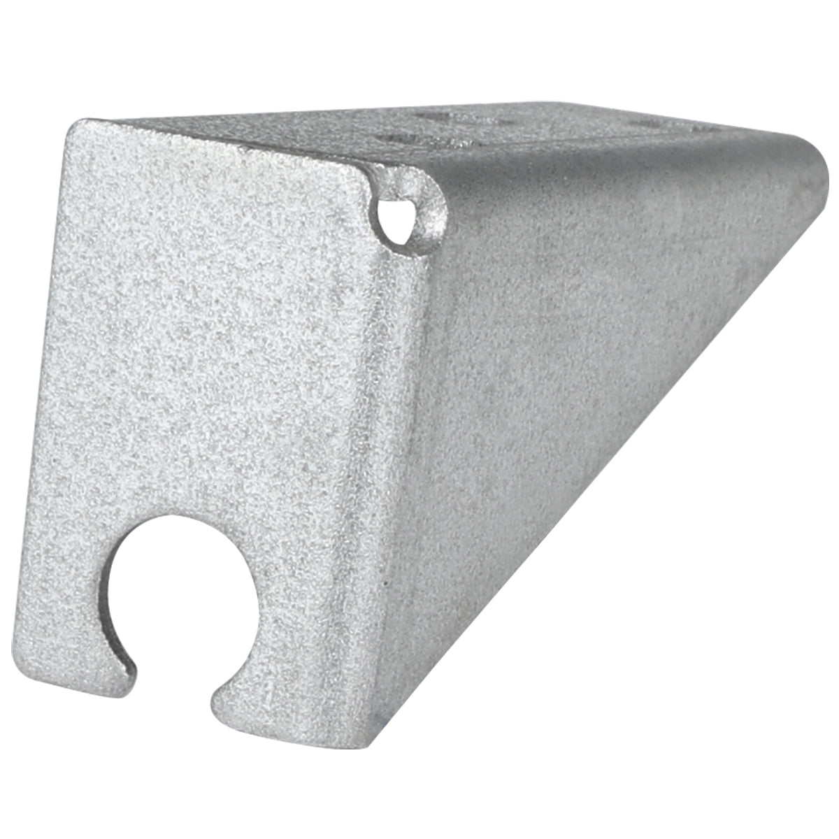 A silver, triangular metal door hinge bracket with a textured surface. One end features a large circular hole partially open at the edge, while the other is closed and tapers to a point. Two smaller holes sit on its angled top surface.