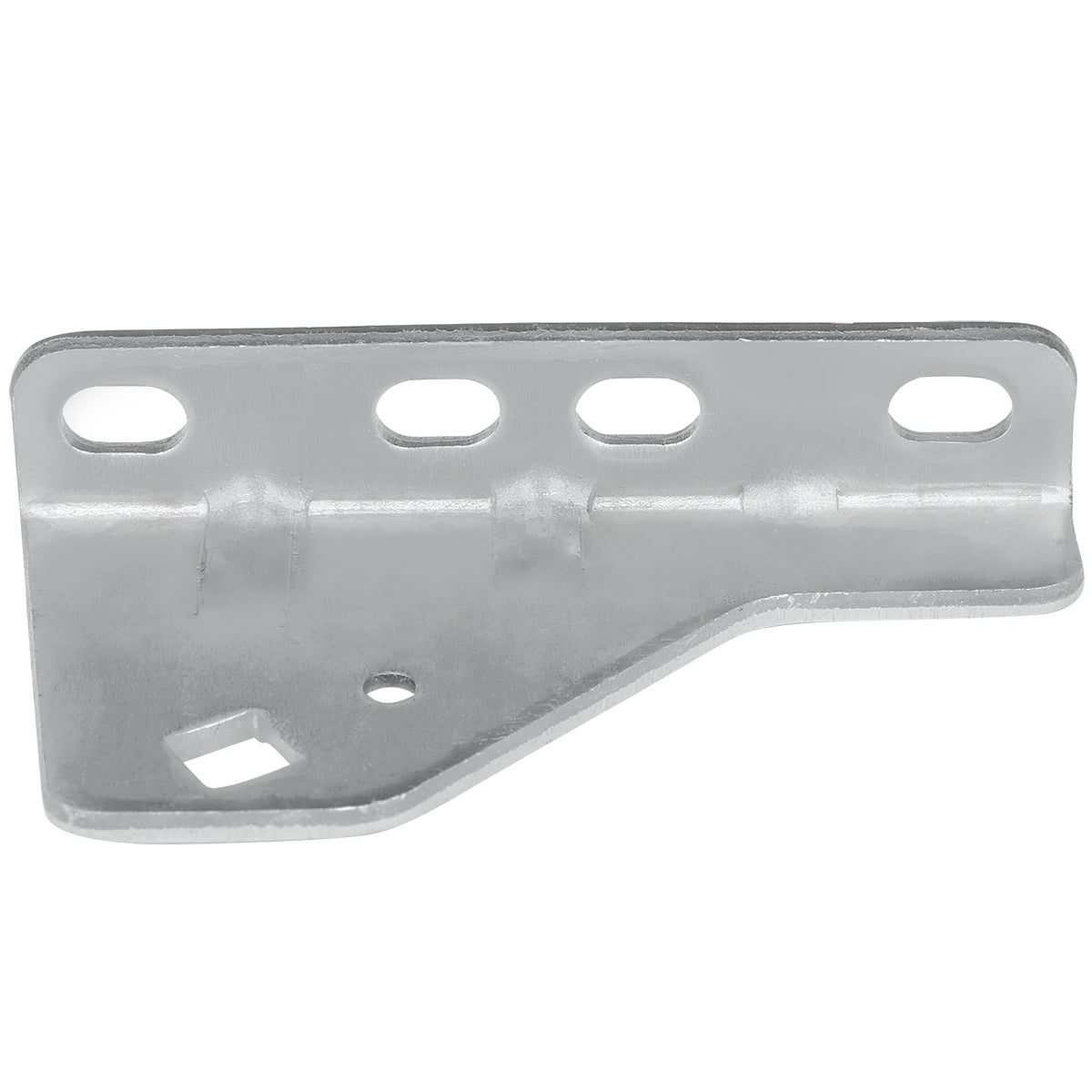 A silver metal bracket with a flat base featuring four rounded rectangular holes along the top edge and two irregular cutouts below. This Empura Door Hinge Bracket has a slightly angled design, smooth edges, and a matte finish for reliable use.