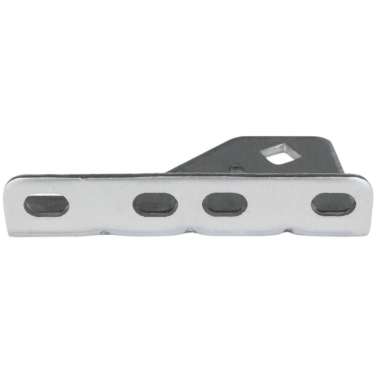 A silver metal Empura Door Hinge Bracket with four oval holes in a row along its length, viewed from the side. The bracket has a flat base and an angled support section featuring a hexagonal hole near the top right corner.