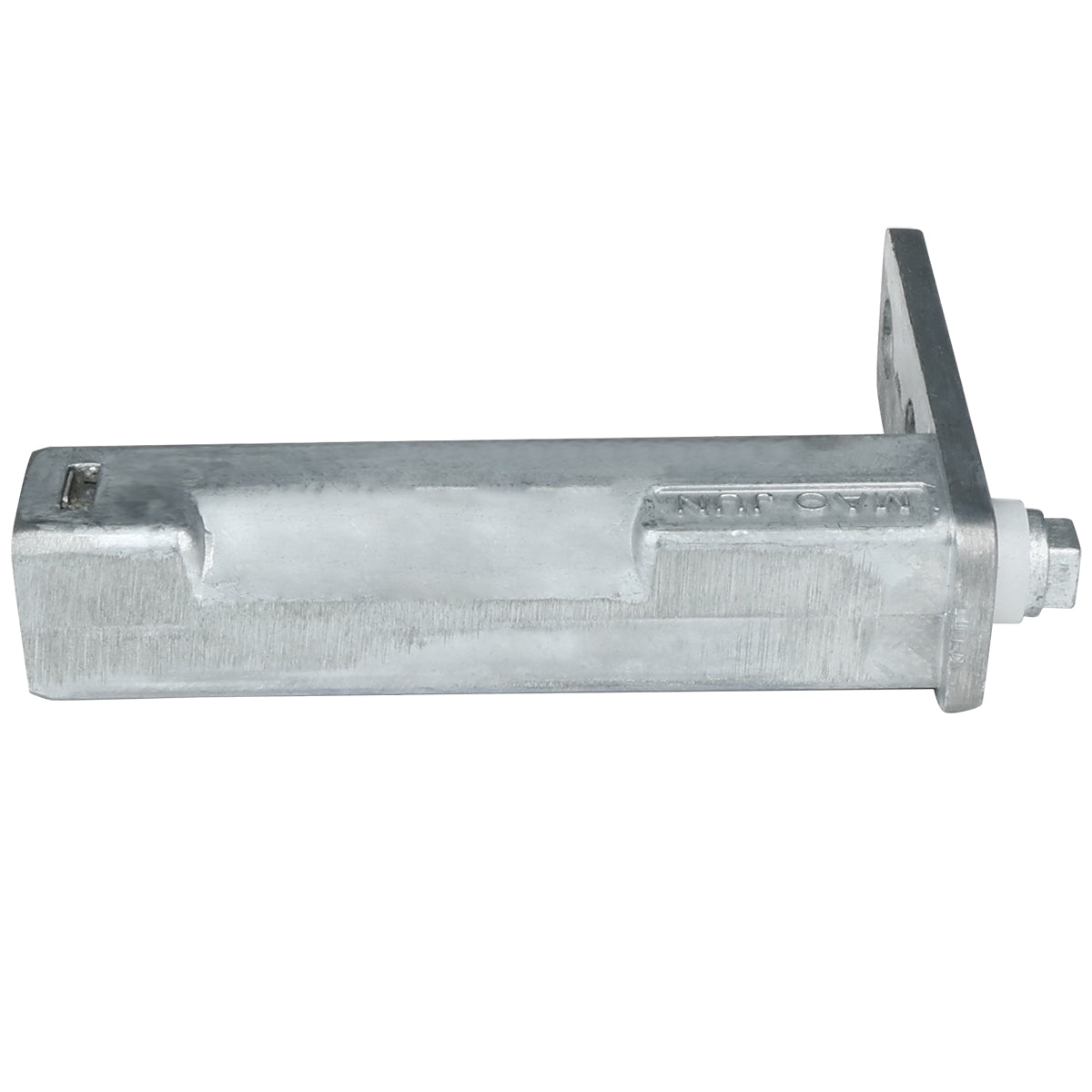 A metallic, rectangular door spring hinge B with a flat mounting plate on one end. The brushed silver finish, secured by a bolt and nut, features a slot at the opposite end. This Empura Parts surface has a slightly rough texture.