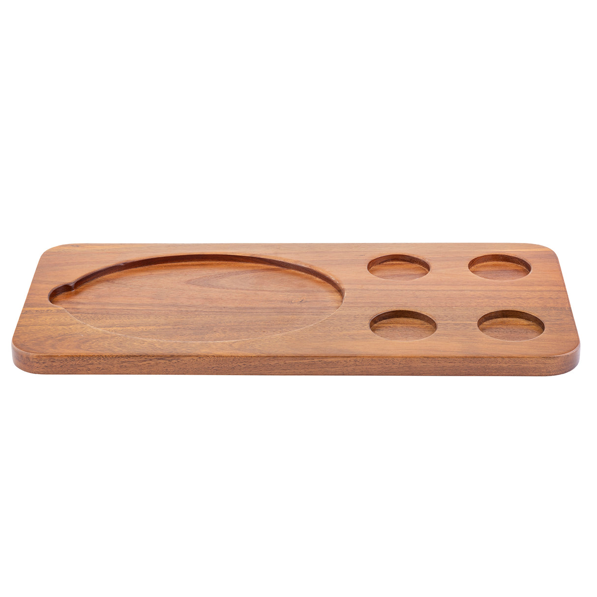 A rectangular acacia wood serving board with a large round groove on the left for a plate and three smaller grooves on the right for cups or bowls. This TableCraft 10709 tray features a smooth, natural finish and rounded edges.