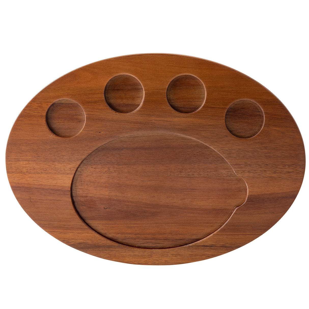 An oval TableCraft serving tray, crafted from acacia wood with five indented sections—one large oval and four smaller circular areas resembling a paw print. The smooth finish accentuates the acacia grain, perfect as an Acacia fajita serving board.