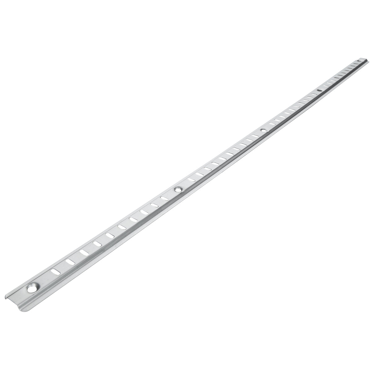 A long, narrow metal strip with evenly spaced square holes and two larger circular holes. This silver Shelf Pilaster has slightly rounded edges, ideal for mounting or supporting objects in shelving or Empura Refrigeration units.