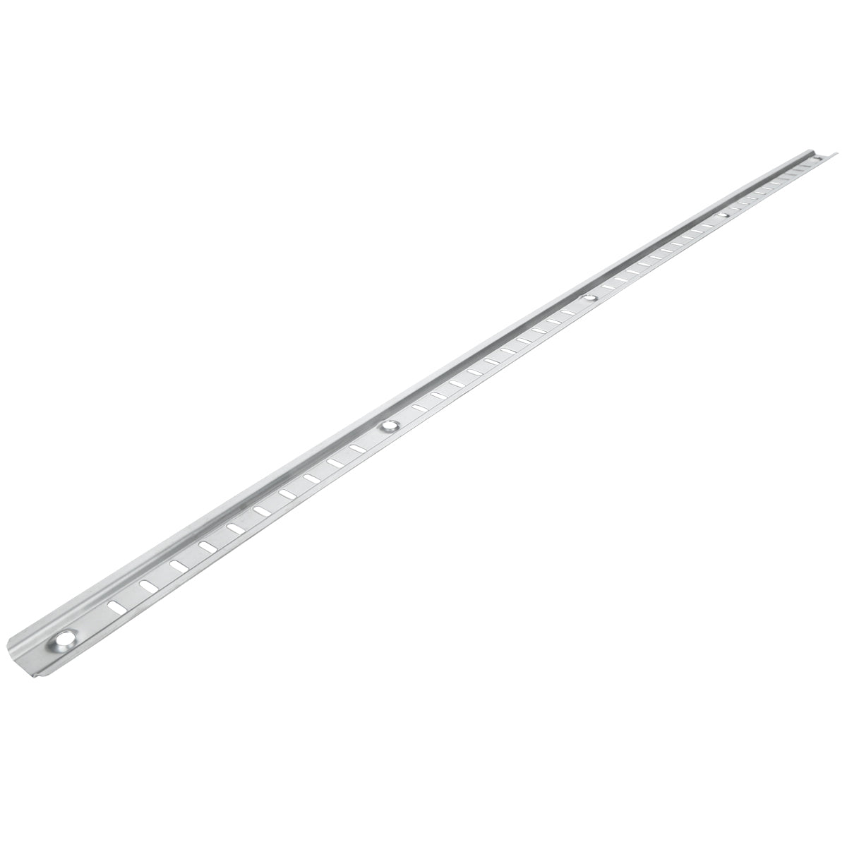 A long, narrow metal strip known as a shelf pilaster, often used in Empura Refrigeration units. It features rectangular slots and two larger circular holes for mounting. The silver Empura part is photographed at an angle on a white background.