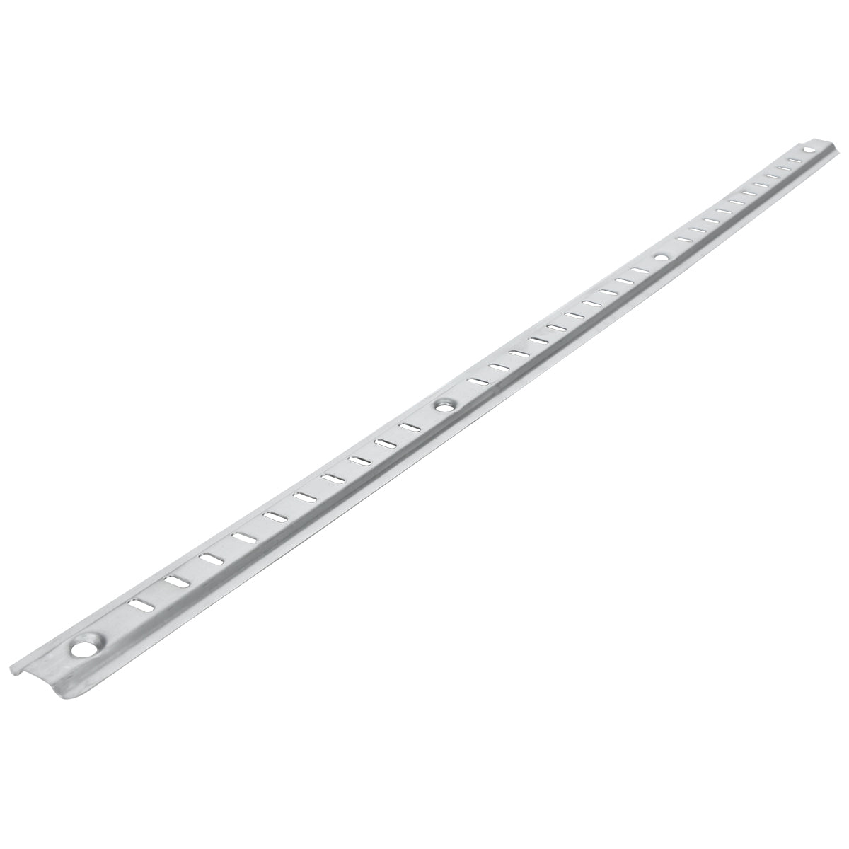 A long, thin metal strip—an Empura Shelf Pilaster—with evenly spaced rectangular slots and a circular hole at each end, positioned diagonally on a white background. The silver metal has a slightly reflective surface, ideal for shelf pilaster replacement.