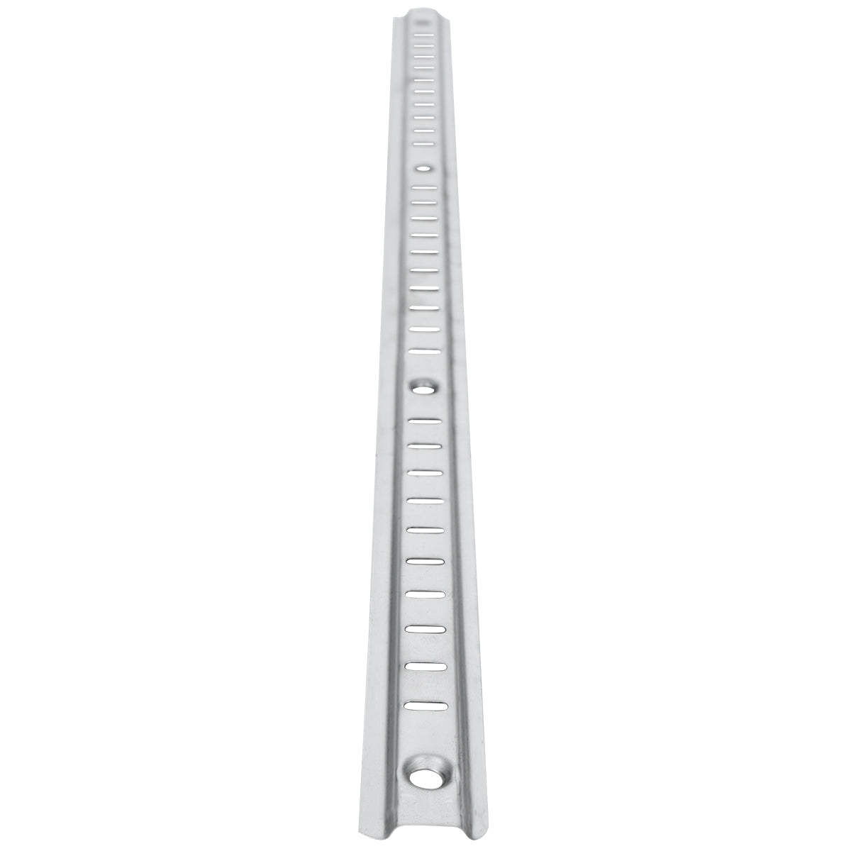 A long, narrow, silver Empura Shelf Pilaster is shown vertically against a white background. It features evenly spaced rectangular holes, two larger circular holes, and a slight ridge along its length, likely for shelf pilaster replacement.