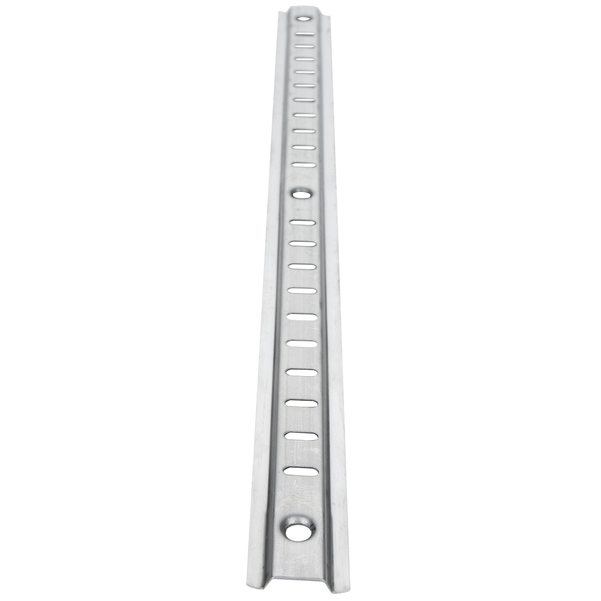 A long, silver metal Empura Shelf Pilaster with evenly spaced rectangular slots along its length and two large round holes at each end, viewed from a low angle against a white background—ideal for shelf pilaster replacement.