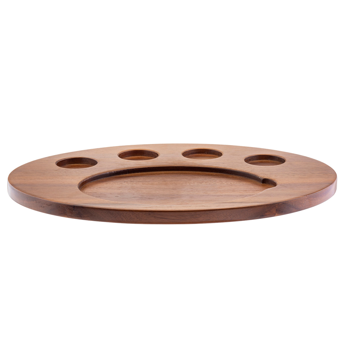 A round, flat acacia wood tray with five circular indentations—one large and four smaller wells—arranged near one edge, perfect as an Acacia fajita serving board for snacks, sauces, or condiments. The polished wood boasts a warm brown tone.