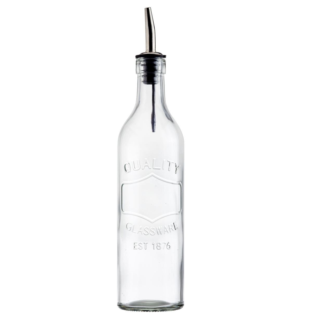 A clear glass Oil Bottle with a stainless steel pourer and black plastic cap, embossed with "QUALITY GLASSWARE EST 1876." The bottle stands empty and upright against a plain white background.