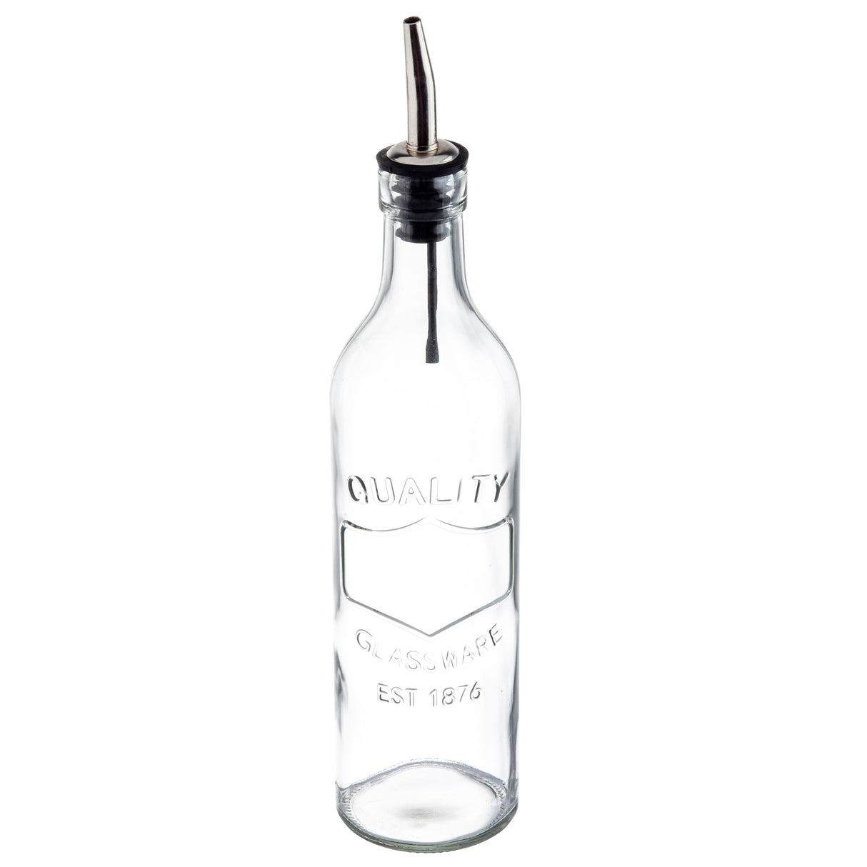 A clear glass Oil Bottle with a stainless steel pourer and black rubber top. Embossed with "QUALITY GLASSWARE EST 1875," it stands upright on a white background and appears empty.