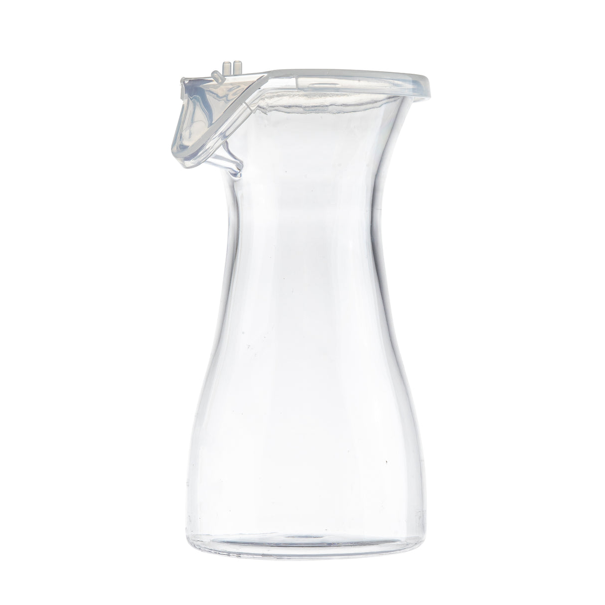 A clear, empty glass carafe with a wide base, narrow neck, and a transparent polypropylene lid. The carafe is shown against a plain white background, and its minimalist design highlights its clean lines and smooth surface.