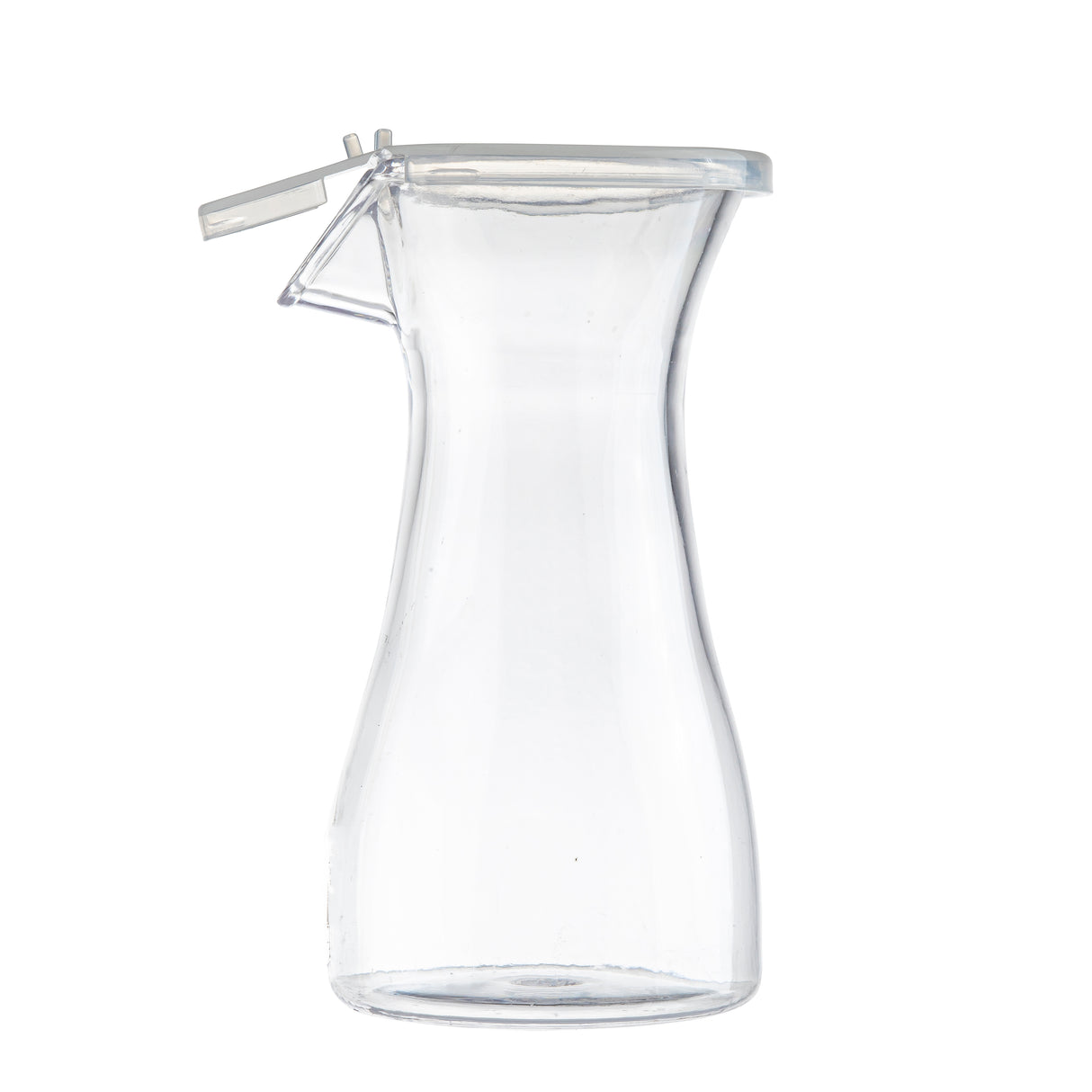 A clear, empty glass carafe with a flared body, narrow neck, and a hinged polypropylene lid. The carafe stands upright against a plain white background, showcasing its simple, modern design.