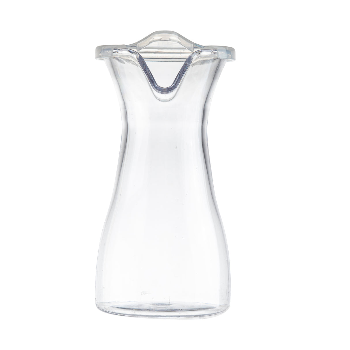 A clear, empty polycarbonate carafe with a curved body and wide base tapers towards the top. The top features a narrow spout and a transparent, slightly domed polypropylene lid with a small tab for easy removal. Photographed on a white background.