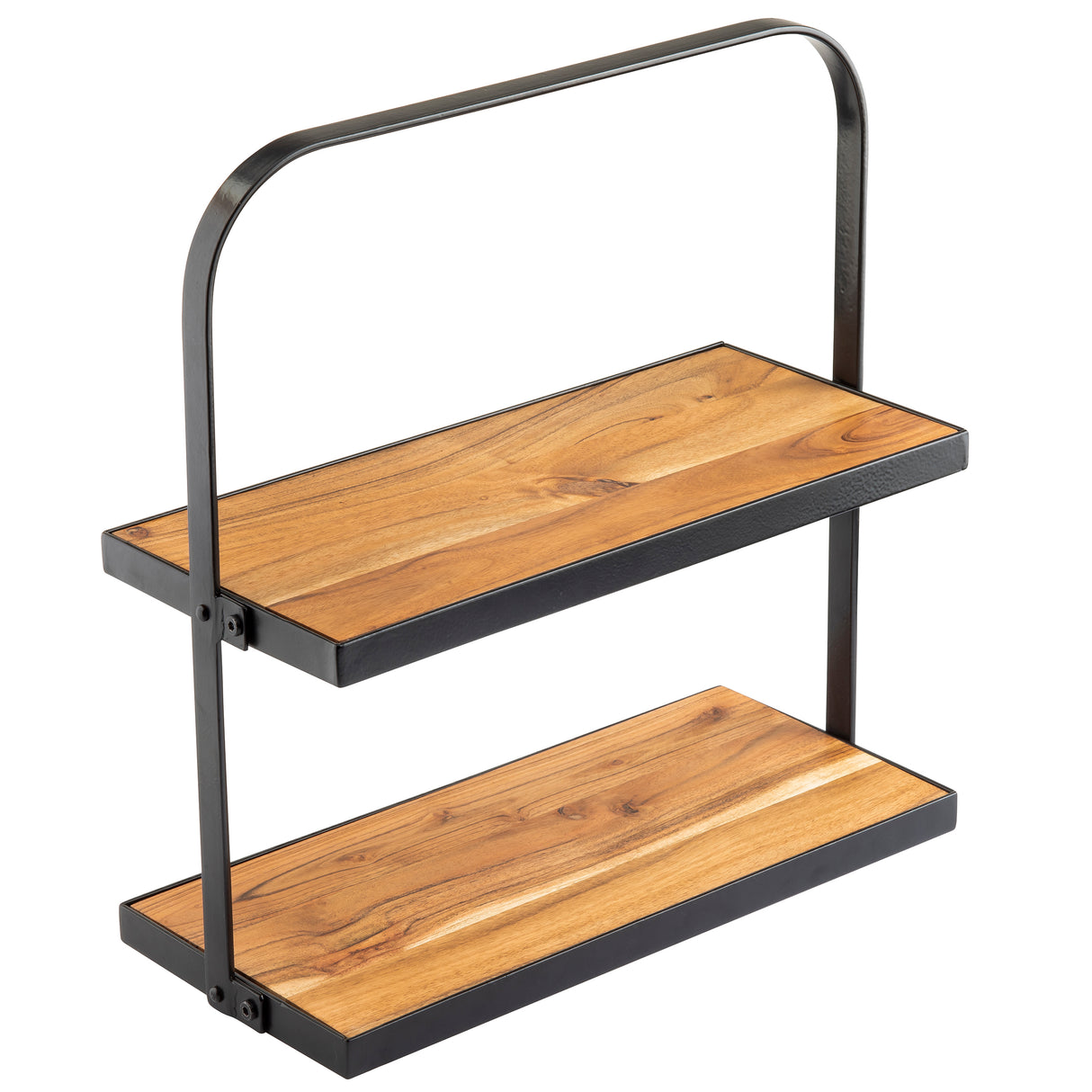 A two-tier display stand with a black metal frame and warm acacia wood shelves. The open design features a curved metal handle at the top, blending minimalism and modern style for wall or tabletop display.