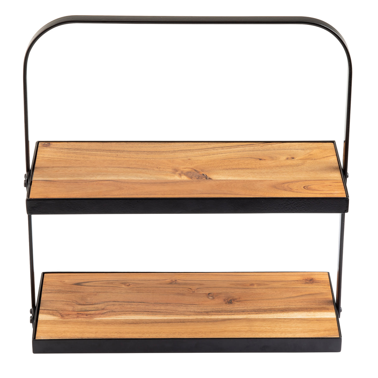 A two-tier display stand crafted from light brown acacia wood panels with a sturdy black metal frame. Its rectangular shape, rounded metal handle at the top, and two shelves offer stylish organization against a white background.