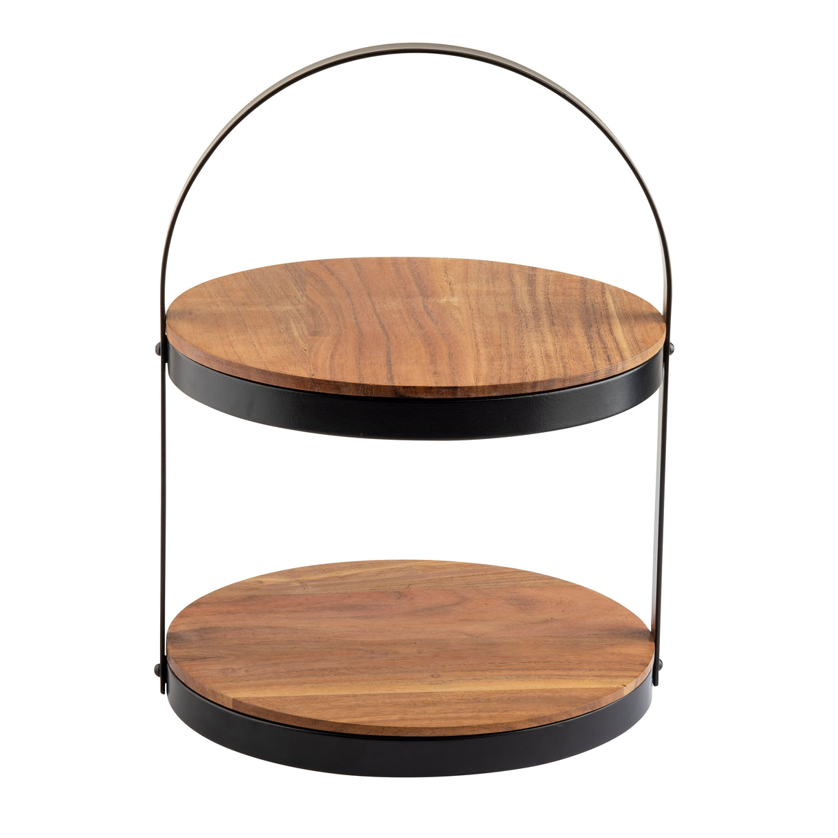 A two-tier display stand with smooth acacia wood shelves and a sleek black metal frame. The curved handle arches over the structure for easy carrying, blending modern simplicity with functionality.