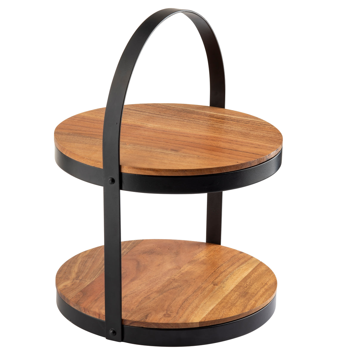 A two-tier display stand featuring round acacia wood trays and a black metal frame. The handle arches over the top, connecting both tiers. The warm, natural wood finish stands out against the empty white background.