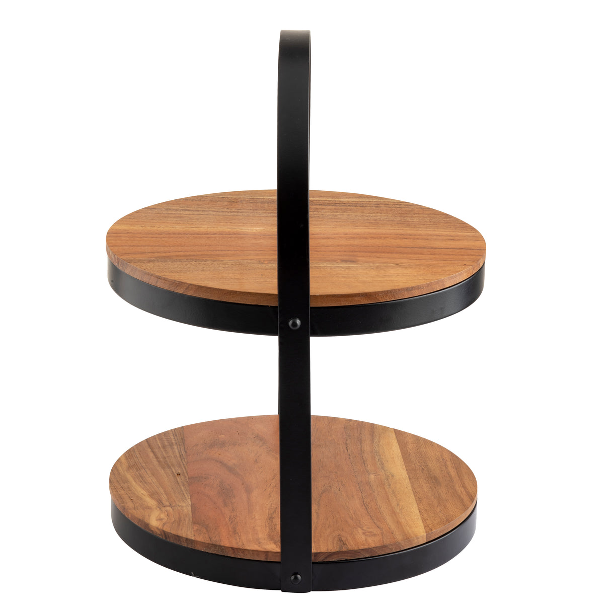 A two-tier display stand crafted from acacia wood with black metal rims and a vertical black handle. Each circular tier showcases visible wood grain, while the handle connects the tiers and extends above for easy carrying or elegant display.