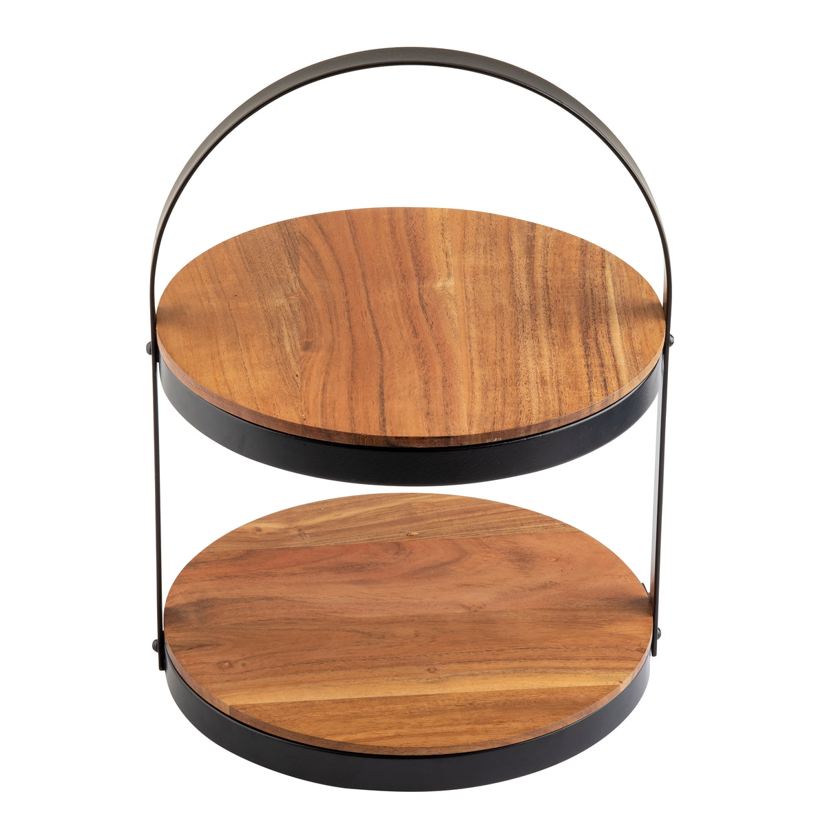 A two-tier display stand with round acacia wood shelves, supported by a black metal frame and arched handle. The natural wood grain finish makes it ideal for displaying or serving food items in style.