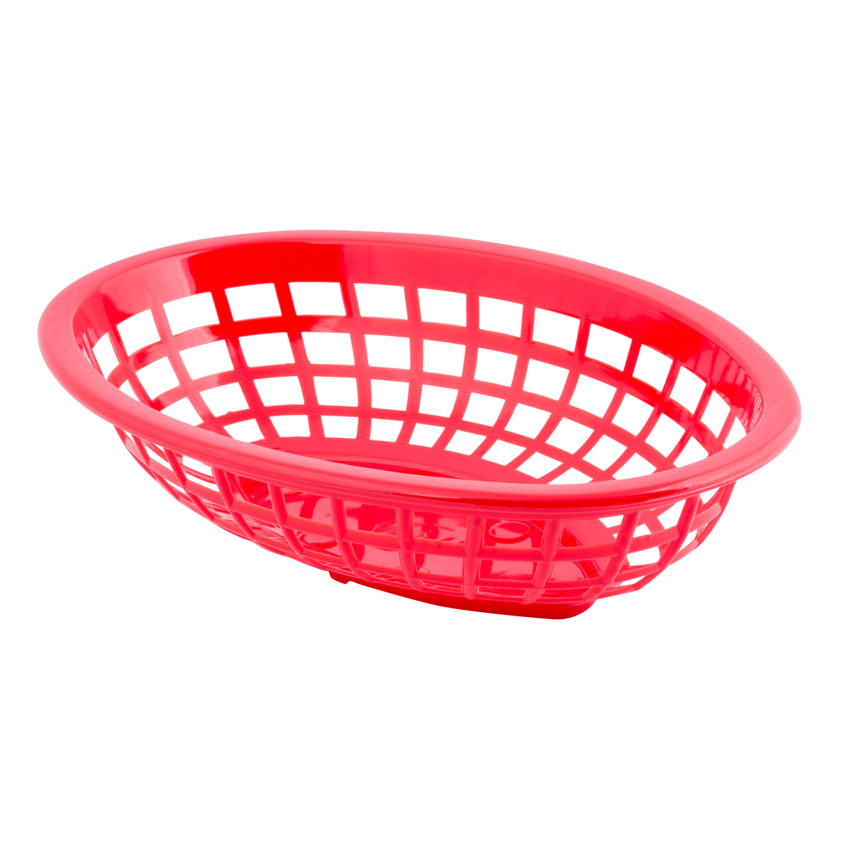 A bright red, oval-shaped microwave safe basket with a grid-like pattern and open sides, shown on a white background. The basket is empty and tilted slightly, revealing its interior and base.