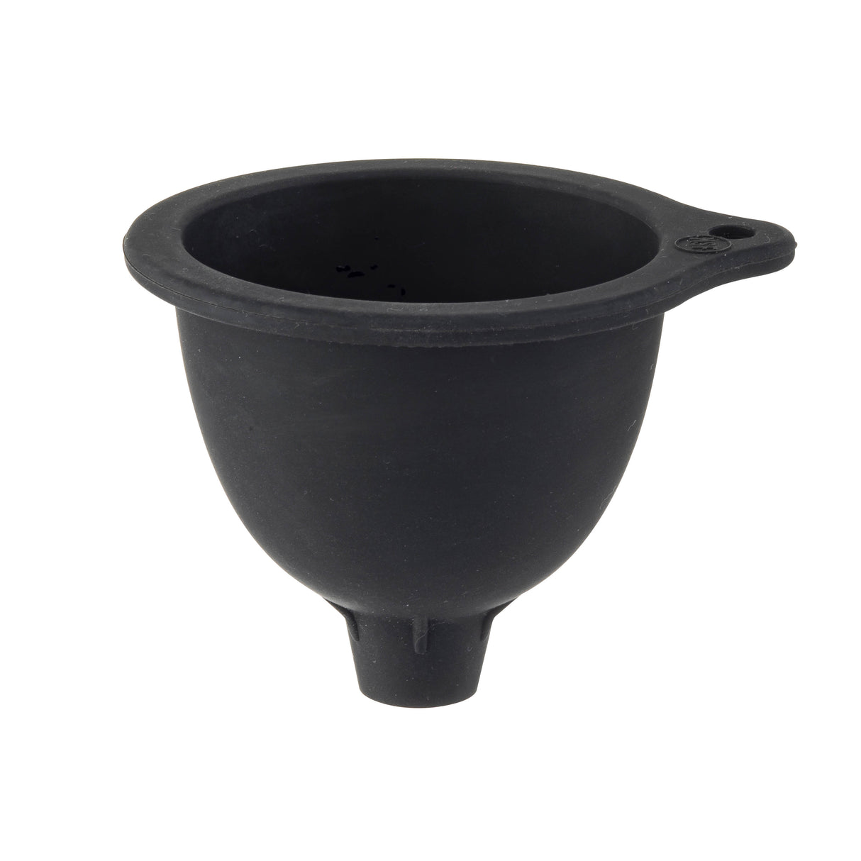 A black, round silicone funnel with a wide top rim narrows to a small spout at the bottom, ideal for filling squeeze bottles. It features a flat tab with a hole for hanging. The smooth, flexible surface stands out against the plain white background.